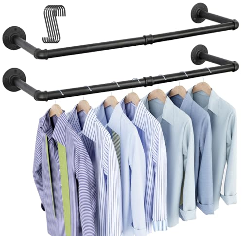 OROPY 38.4" Industrial Pipe Clothes Rack Wall Mounted, Heavy Duty, 2 Pack | Heavy Duty Iron Pipe Clothing Garment Rail, Multi-Purpose Clothing Hanging Rod for Laundry Room and Closet Storage, Black - color: Black(38.4")