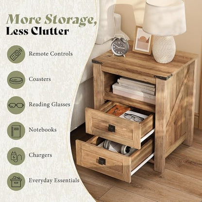 AMERLIFE Farmhouse Wood Nightstand Set of 2, End Table with Drawers, Brown | Narrow/Small 18" Bedside Table with Open Shelf, Wooden Night Stand for Bedroom/Home Office, Rustic Honey Brown - color: Honey Brown