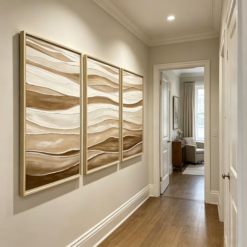 Modern Abstract Beige Brown Wavy Lines Wall Art 3Piece 24x36 Inch | Large Framed Canvas Wall Art for Living Room, Ready to Hang Paintings Artwork for Entryway Hallway Office Wall Decor - color: Dark Brown
