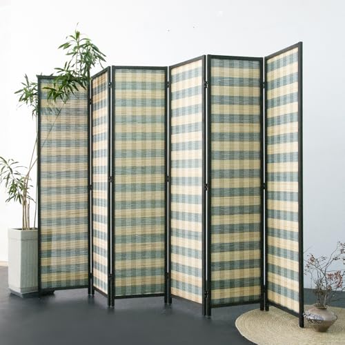 6 Panel Bamboo Room Divider, Blue Stripe Folding Privacy Screen | 5.6 ft Folding Divider, Divider for Room Separation, Freestanding Room Partition Screen, Double-Sided Panel Divider Screen - color: Blue Stripe, size: 6 Panel