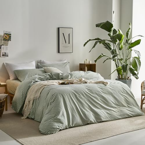 JELLYMONI 100% Cotton Classic Striped Cal King Duvet Cover Set, Green/White | Breathable Softness, Oeko-Tex Certified, Classic Stripes, 8 Corner Ties & Double Hidden Zipper - color: Classic Stripe - Green/ Whtie, size: Cal King(104"×98")