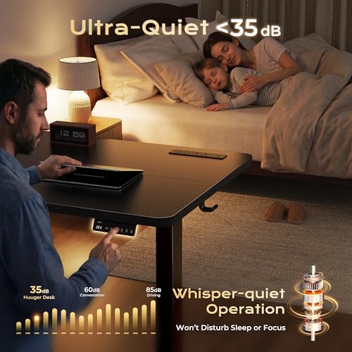 Huuger 전원 콘센트 및 USB-C 포트가 있는 전기 스탠딩 데스크, 119.9 x 61cm(47 x 24인치) 높이 조절 가능한 책상, 홈 오피스, 컴퓨터 및 게이밍 책상용 앉은 스탠드 데스크, 4개의 프리셋, 안정적인 스틸 프레임, 블랙 - color: 블랙., size: 47.2 x 23.6 inch