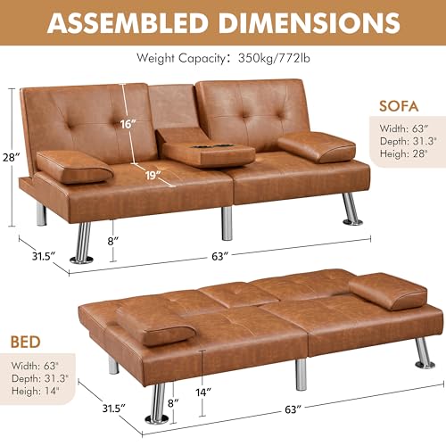 Yaheetech Convertible Futon Sofa Bed Loveseat with Cup Holder, Brown | 3 Angles Sofa, Recliner Chair, Bed, Compact Faux Leather Love Seat for Living Room, Guest Room, Dorm, Small Apartment - color: Brown