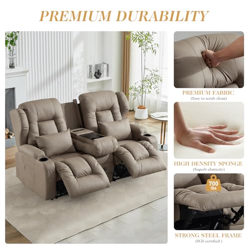 Loveseat Recliner Sofa,RV Wall Hugger Recliners with Flip-up Console,Reclining Loveseat Sofa Recliner with Cup Holders/Lumbar Pillows for Small Spaces,RV Furniture (Khaki,68" 2-Seater) - color: Khaki, size: 68" 2-Seater
