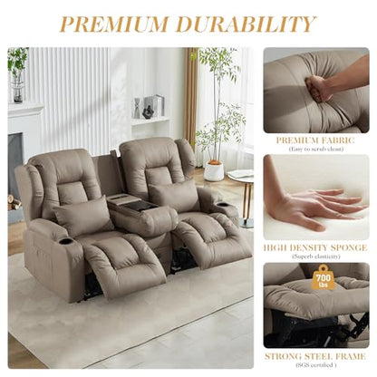 Loveseat Recliner Sofa,RV Wall Hugger Recliners with Flip-up Console,Reclining Loveseat Sofa Recliner with Cup Holders/Lumbar Pillows for Small Spaces,RV Furniture (Khaki,68" 2-Seater) - color: Khaki, size: 68" 2-Seater