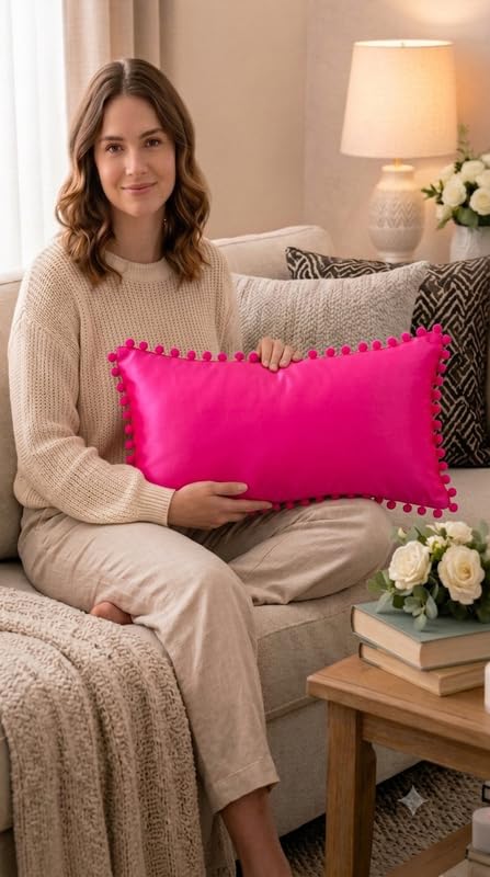 WWW.THROWPILLOW.IN Hot Pink Solid Cotton Cushion Cover with Pom Pom Preppy Decorative Throw Pillow Cover for Dorm Room,Feminine Chic Home Decor Accent Rectangular Cushion 14x20 Inches