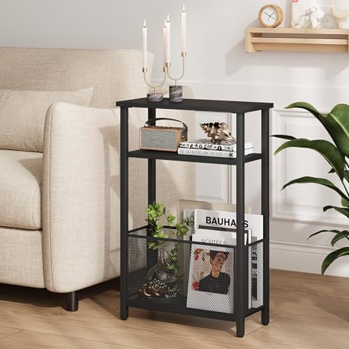 MMEOLUOOK Narrow Side Table with Storage Basket Skinny End Tables for Smalls Spaces 3 Tier Sofa Table Small Nightstand Slim Bedside Table for Living Room Bedroom Black MLBZ22B - color: Black