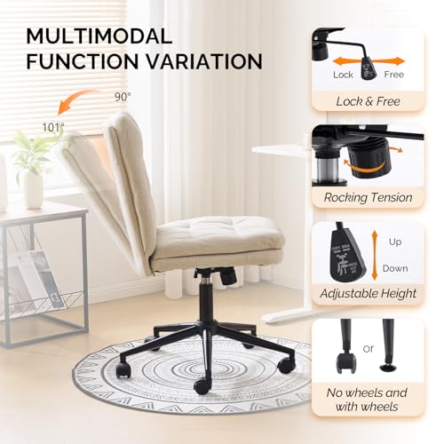VINGLI Mid Back Armless Office Desk Chair with Wheels/no Wheels,360°Rocking Swivel Vanity Chair with Thickened Cushion,Adjustable Height Rolling for Reading Room, Make up,Linen Beige - color: Beige