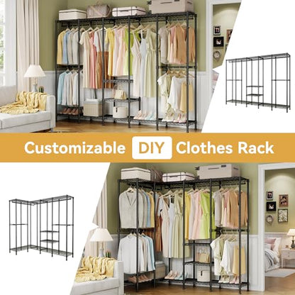 Higeego H5 Heavy Duty Clothes Rack, Black Clothing Rack for Hanging Clothes | 93.3"Wx15.7"Dx75.4"H, Large Garment Rack, Freestanding, Wardrobe Closet with Adjustable Shelf, Load 1400 lbs - color: Black