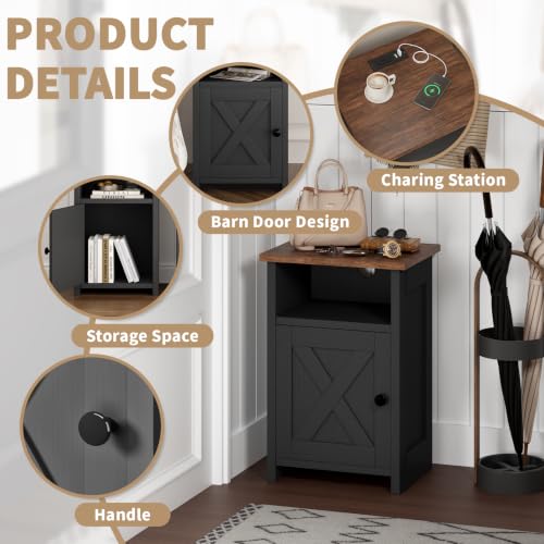 Farmhouse End Table Set of 2 w/Charging Station, Nightstands w/Barn Door & Storage Shelf, Rustic Bedside Table for Living Room, Bedroom, Entryway, Office, Small Spaces, Black