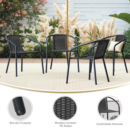 4 Pack Patio Stackable Rattan Chairs, Indoor-Outdoor Restaurant Bistro Wicker Dining All-Weather Armchair Stack Chair, Black - color: Bk-blk