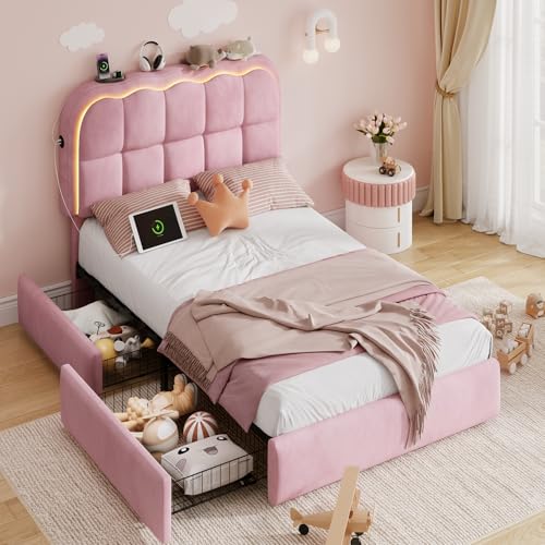CypBed Twin Bed Frame with Storage Drawers and Cloud Headboard, Pink | Velvet Upholstered LED Platform Bed Frame,Sturdy Metal Bed Frame Twin with Wood Slats Support, No Box Spring Needed - color: Pink, size: Twin