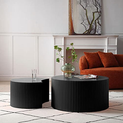 Nesting Coffee Table Set of 2, Modern Round Coffee Table End Table Set for Living Room, Wood Circle Drum Side Table,Black - color: Black