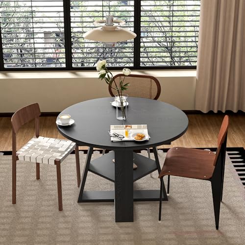 43.3"-59" Extendable Round Oval Dining Table for 4-8 with Storage Shelf | Modern Kitchen Oval Dining Table with Removable Leaves,Space Saving Extendable Table Wood Base for Kitchen Living Room BLack - color: Black