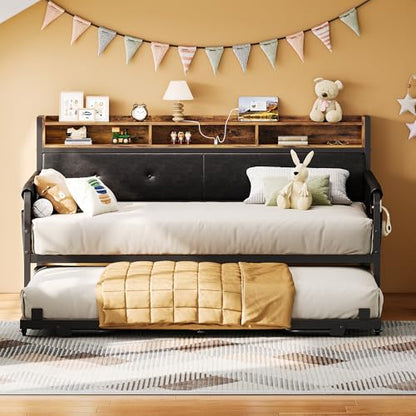 LIKIMIO Daybed with Trundle, Twin Bed Frame, Dark Black | with Upholstered Headboard and Charging Station, Sofa Day Bed with Strong Supports for Living Room, Bedroom and Guest Room - color: Dark Black