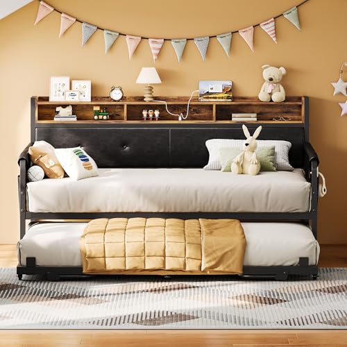 LIKIMIO Daybed with Trundle, Twin Bed Frame, Dark Black | with Upholstered Headboard and Charging Station, Sofa Day Bed with Strong Supports for Living Room, Bedroom and Guest Room - color: Dark Black