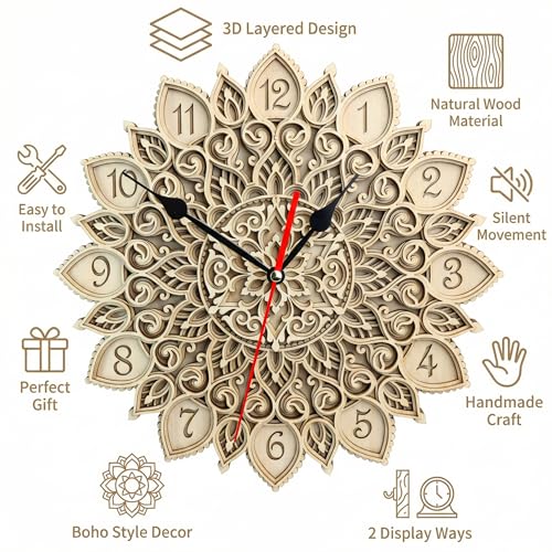 12-Inch 3D Mandala Wall Clock, Silent Non-Ticking Decorative Wooden Clock for Living Room, Boho Wall Art & Modern Farmhouse Home Decor, Unique Housewarming Gift for Bedroom or Office