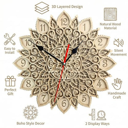12-Inch 3D Mandala Wall Clock, Silent Non-Ticking Decorative Wooden Clock for Living Room, Boho Wall Art & Modern Farmhouse Home Decor, Unique Housewarming Gift for Bedroom or Office