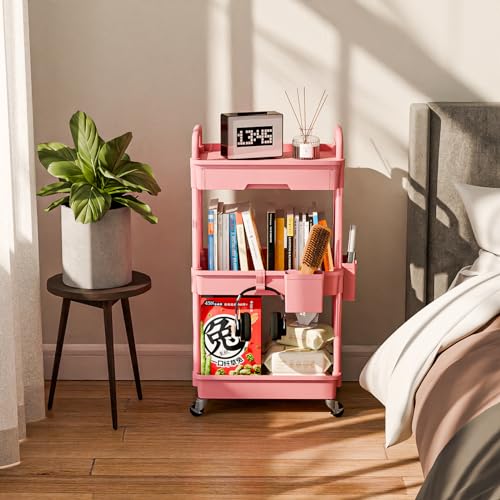 Sorgion 3 Tier Rolling Cart Organizer,Laundry Room Bathroom Organizers and Storage Office Shelves Mobile Shelving Unit Kitchen Trolley Cart with Wheels for Art,Craft,Diaper,Bedside,Snack(Pink) - size: 3Tier-Pink