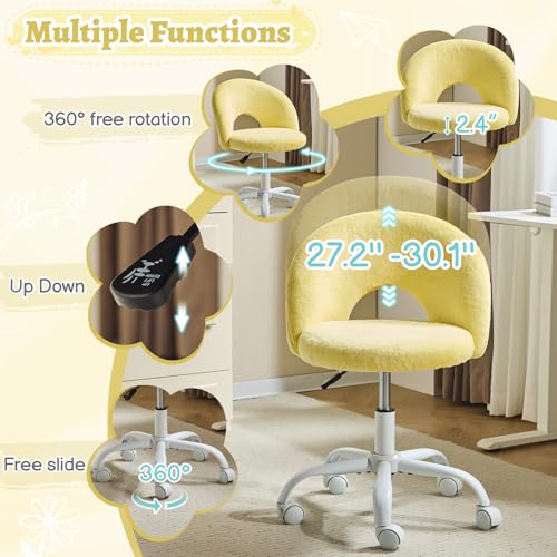 VINGLI Small Vanity Chair with Faux Fur Wheels for Girls,Cute Adjustable Height Armless Office Desk Chair,360°Swivel Comfy Rolling for Study,Make up Room,Small Space,Yellow - color: Furry Yellow