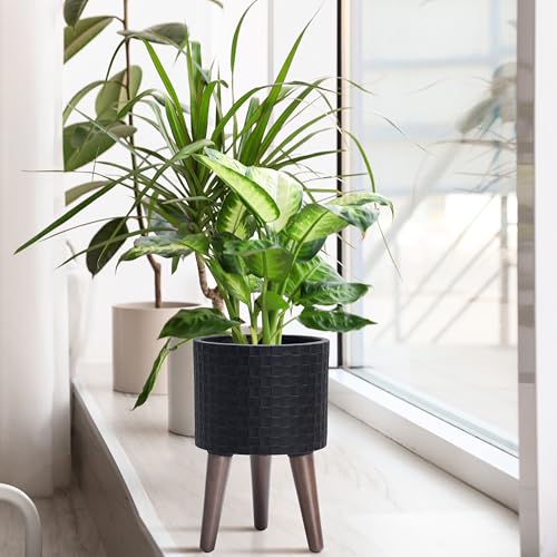 D'vine Dev Planter Pot with Wood Stand, 8 in, Matte Black, 88-Z-A-2 | Mid-Century Modern Style, Elevated Plant Display, Drainage Hole and Plug, Functional & Stylish, Modern Indoor Planter - color: Matte Black, size: Small