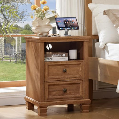 Farmhouse Nightstand with Charging Station, Brown | End Tables Bedroom with 2 Drawers, Traditional Night Stand with Open Shelf & Thickened Top & Square Wooden Legs - color: Brown, size: 18"D x 18"W x 25"H (2 Drawers)