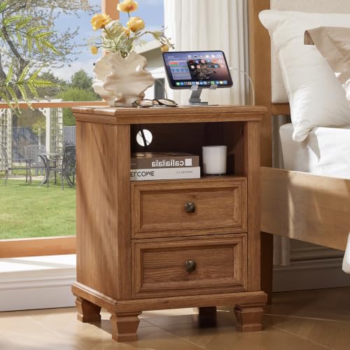 Farmhouse Nightstand with Charging Station, Brown | End Tables Bedroom with 2 Drawers, Traditional Night Stand with Open Shelf & Thickened Top & Square Wooden Legs - color: Brown, size: 18"D x 18"W x 25"H (2 Drawers)