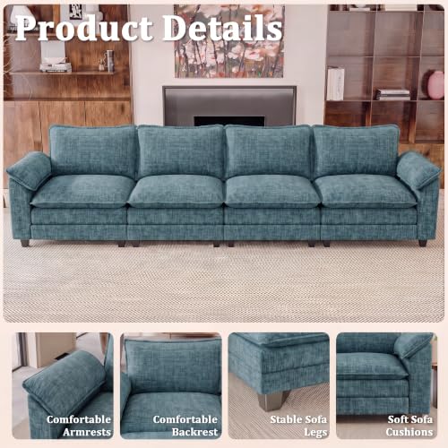 JUMMICO 159" Sectional Couch, Modular Cloud Sofa, Dark Blue | Comfy Chenille, 4 Deep Seats, High-Density Foam, Double Layer Cushions, Oversized Linear Sofa for Living Room and Apartment - color: Dark Blue, size: Linear Sofa