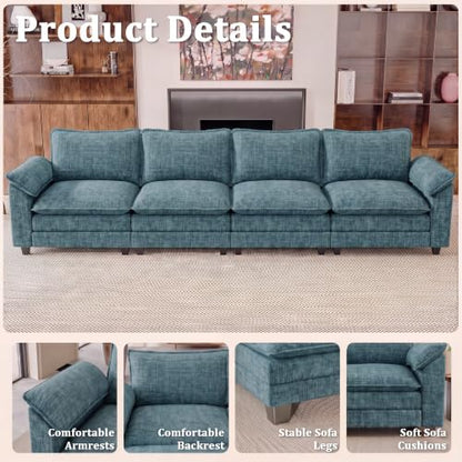 JUMMICO 159" Sectional Couch, Modular Cloud Sofa, Dark Blue | Comfy Chenille, 4 Deep Seats, High-Density Foam, Double Layer Cushions, Oversized Linear Sofa for Living Room and Apartment - color: Dark Blue, size: Linear Sofa