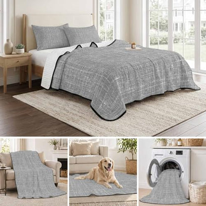 Queen Quilt Bedding Set, Minimalist Gray Aesthetic Soft Microfiber Summer Bedspread Coverlet with 2 Pillow Shams for All Season, Retro Linen Textured Breathable Bedding Set for Hot Sleepers - size: Queen