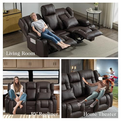 Loveseat Recliner Sofa,RV Wall Hugger Recliners with Flip-up Console,Reclining Loveseat Sofa Recliner with Cup Holders/Lumbar Pillows for Small Spaces,RV Furniture (Brown,68" 2-Seater) - color: Brown, size: 68" 2-Seater