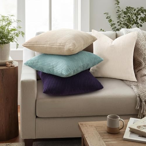 Mecatny 코듀로이 장식용 쿠션 커버 40.6x40.6cm(16x16인치) 아쿠아 2개 | 부드러운 스트라이프 질감, 숨겨진 지퍼 디자인, 소파 소파 거실 침실, 홈 데코용 뉴트럴 보헤미안 스퀘어 베개 커버 - color: 아쿠아, size: 16" x 16" (Pack of 2)