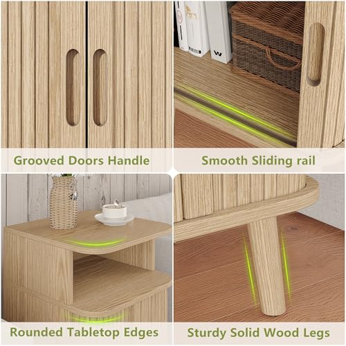 Alohappy Nightstand Set of 2, Mid Century Modern End Table with Storage, Fluted Bedside Table, Wooden Curved Profile Night Stands with Sliding Tambour Door for Bedroom, Living Room, Light Oak - color: Light Oak