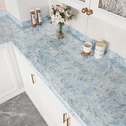 Wallercity Cream Blue Marble Contact Paper Peel and Stick Countertops Waterproof 24"x118" Kitchen Countertop Contact Paper Self Adhesive Blue Marble Wallpaper Vinyl Wrap for Cabinets Cover Bathroom - color: Blue, size: 24" x 118"