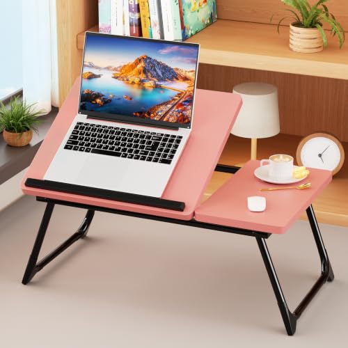 Laptop Bed Desk, 5-Angle Adjustable Bed Laptop Table with Cup Holder | Foldable Laptop Stand for Couch & Sofa, Portable Laptop Tray for Adults Writing Reading Eating, Pink - color: Pink