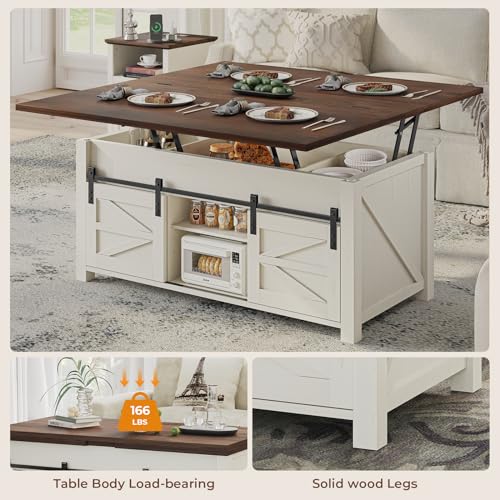 Lift Top Coffee Table for Living Room with 4 Sliding Barn Doors, 4 in 1 Farmhouse Coffee Table with Adjustable Shelves and Hidden Storage Compartment, Converts to Dining Table (Brown White)