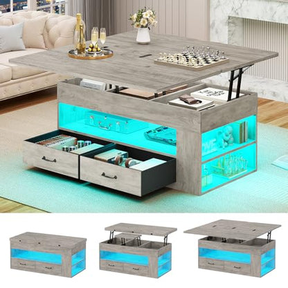 Itaar Lift Top Coffee Table, 4 in 1 Coffee Tables with Storage and Hidden Compartment, Farmhouse Coffee Table with 2 Fabric Drawers & LED Light for Living Room, Grey Oak - color: Grey Oak