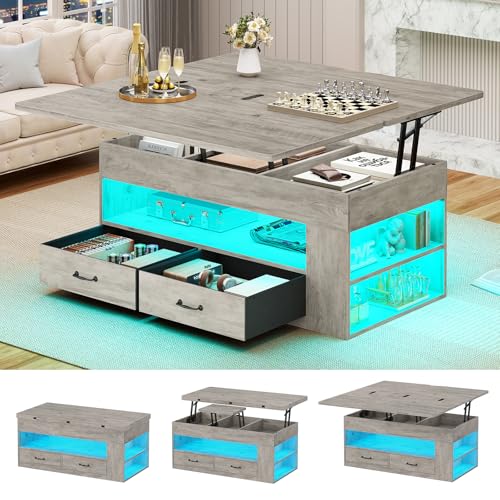 Itaar Lift Top Coffee Table, 4 in 1 Coffee Tables with Storage and Hidden Compartment, Farmhouse Coffee Table with 2 Fabric Drawers & LED Light for Living Room, Grey Oak - color: Grey Oak