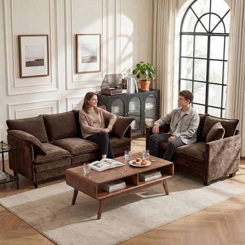 Loveseat Sofa Couch 2 Piece Set, Small Compact 50" Love Seat 27" Deep Cloud Sofa Set Washable Chenille Pillow Living Room Set for Apartment Office 50-Brown-2+2 - color: Brown, size: 50"+50"
