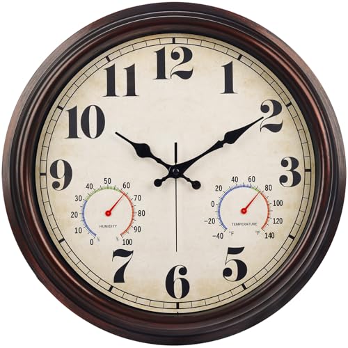 JENLYSTIME 16 Inch Dark Brown Vintage Wall Clock with Thermometer & Hygrometer - Waterproof Decorative Indoor/Outdoor Clock with Large Numerals & Silent Sweep Movement - Ideal for Porch, Garden, Pool - color: 16 Dark Brown