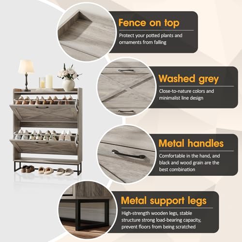 Maupvit Shoe Cabinet with 2 Flip Drawers, Freestanding Shoe Cabinet Organizer with Metal Legs, Shoes Storage Cabinet for Entryway, Narrow Shoe Rack Cabinet, Washed Gray - color: Washed Gray, style: 2-Drawers