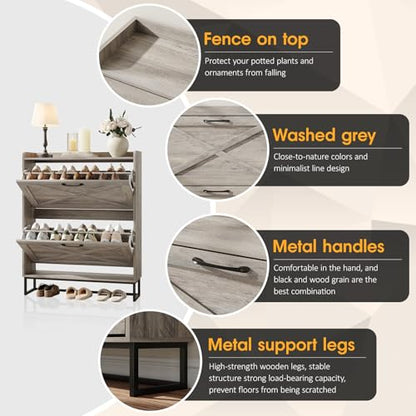 Maupvit Shoe Cabinet with 2 Flip Drawers, Freestanding Shoe Cabinet Organizer with Metal Legs, Shoes Storage Cabinet for Entryway, Narrow Shoe Rack Cabinet, Washed Gray - color: Washed Gray, style: 2-Drawers