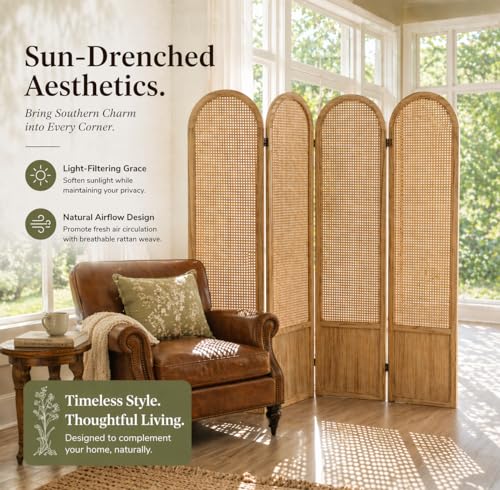 Rattan Room Divider, 4 Panel Folding Room Screen Divider, Natural | Woven Privacy Screen, Foldable Room Partition, Freestanding Room Screen Divider for Bedroom, Apartment, Office, No Assembly - color: 4 Panel Natural, size: 4 Panel