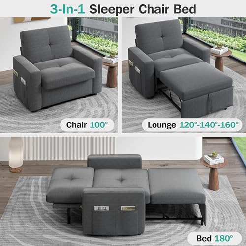 Sunny Heart 40" W Oversized Sleeper Chair Bed, 3-in-1 Convertible Reclining Sofa Chair with Pull Out Couch Bed, Adjustable Backrest, Side Pockets, Cup Holder, USB Ports & Side Table, Basic Dark Grey - color: Dark Grey, size: 40 inch