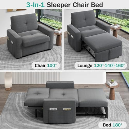 Sunny Heart 40" W Oversized Sleeper Chair Bed, 3-in-1 Convertible Reclining Sofa Chair with Pull Out Couch Bed, Adjustable Backrest, Side Pockets, Cup Holder, USB Ports & Side Table, Basic Dark Grey - color: Dark Grey, size: 40 inch