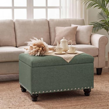 Ottoman with Storage, Fabric Ottoman Foot Rest 24" Rectangle Tufted Foot Stools Ottomans with Hinged Lid Upholstered Button Ottomans for Bedroom Living Room Entryway, Green - color: Green