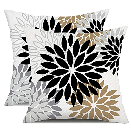 DFXSZ Outdoor Waterproof Pillow Covers 22x22 Set of 2 Black Brown Flower | Spring Summer Waterproof Flower Throw Pillowcases（No Inserts）Outdoor Decor for Patio Funiture Garden Polyester Covers - color: Black Brown Gray, size: 22" x 22" (Pack of 2)