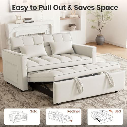 Convertible Sofa Bed, Pull Out Couch with Side Pockets, 3 in 1 Velvet Fabric Loveseat Sleeper Sofa Bed, Pull Out Couch with Adjustable Backrest for Living Room, Bedroom, Apartment, White