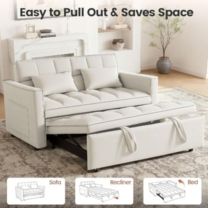 Convertible Sofa Bed, Pull Out Couch with Side Pockets, 3 in 1 Velvet Fabric Loveseat Sleeper Sofa Bed, Pull Out Couch with Adjustable Backrest for Living Room, Bedroom, Apartment, White