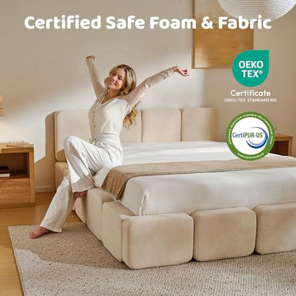 RECCI King Size Upholstered Platform Bed Frame with Plush Cloud Design | Cloud-Inspired Design, Upholstered Headboard & Footboard, Grounded Low Profile Design, Easy Assembly, No Box Spring Required - size: King